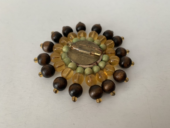 2/$10* Boho BROOCH Beaded Earth Tone Wooden Amber Golden Beads Handmade Rustic - Picture 3 of 4